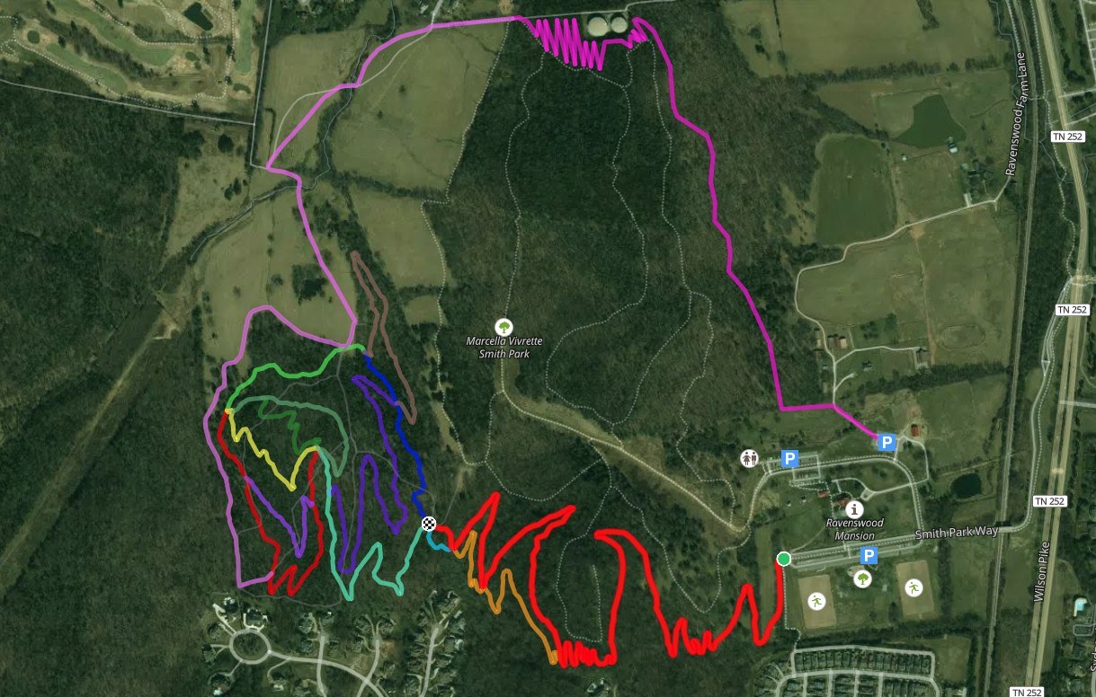 Map of Smith Park showing the new 2.5 mile trail in magenta and the existing trail network