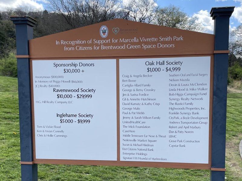 The donor recognition sign at Marcella Vivrette Smith Park